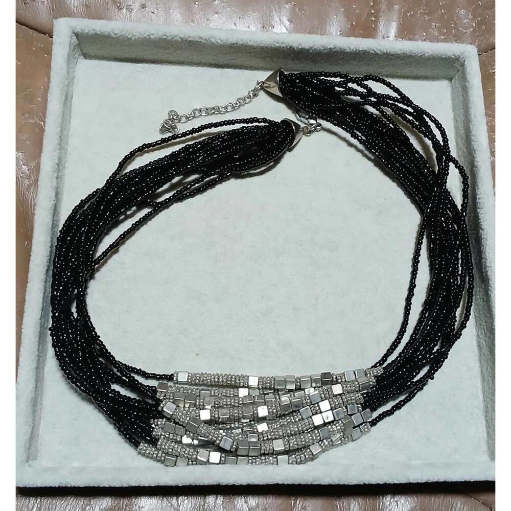 Vintage Multi Strand Necklace Black Silver Tone Seed Bead Geometric 18-21"